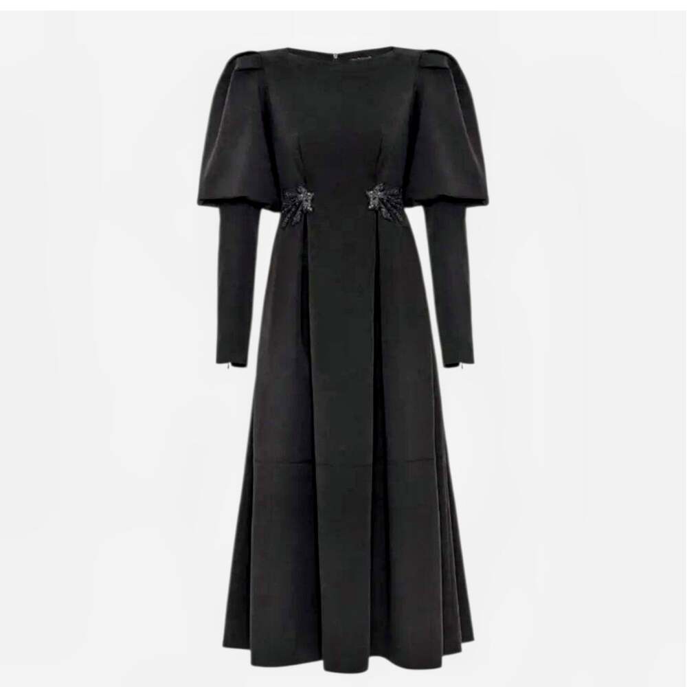 Nocturne Black Convertible Maxi Gown Puff Sleeve Sequin Satin Dress 42 XL